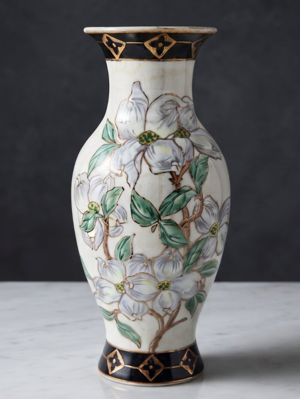 Vintage Hand Painted Dogwood Floral Porcelain Vase Raised Enamel Gold Black 10"